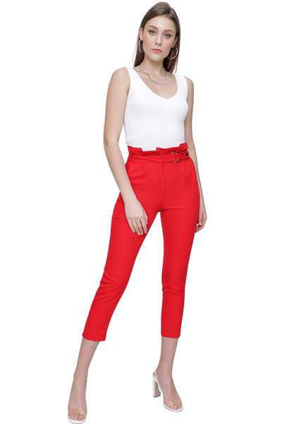 Kadın Kırmızı Çift Pileli Yüksek Bel Kumaş Pantolon