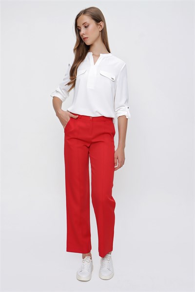 Kadın Kırmızı Çimalı Geniş Paça Kumaş Pantolon