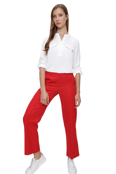 Kadın Kırmızı Çimalı Geniş Paça Kumaş Pantolon