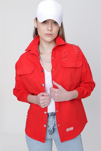 Kadın Kırmızı Çıtçıt Düğmeli Jean Kot Gömlek