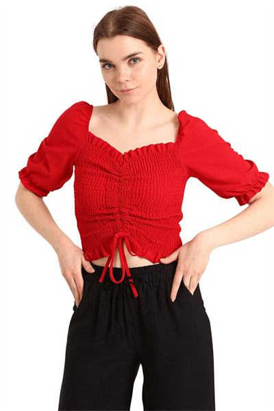 Kadın Kırmızı Gipeli Bağcıklı Kısa Kol Bluz