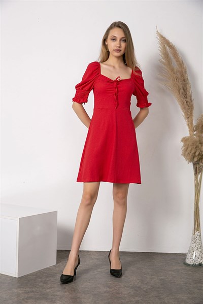 Kadın Kırmızı Kayık Yaka Gipeli Büzgülü Midi Elbise