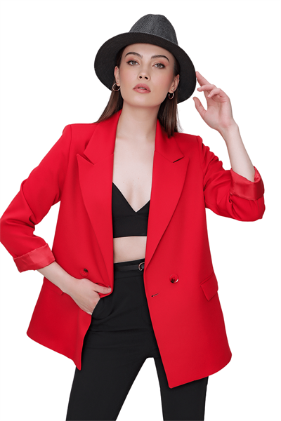 Kadın Kırmızı Kol Katlamalı Kruvaze Yaka Ceket