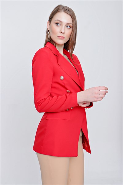 Kadın Kırmızı Kruvaze Yaka Blazer Ceket 