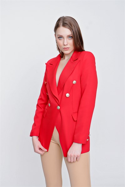 Kadın Kırmızı Kruvaze Yaka Blazer Ceket 