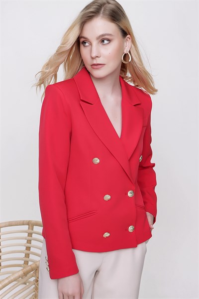Kadın Kırmızı Kruvaze Yaka Gold Düğmeli Kısa Ceket