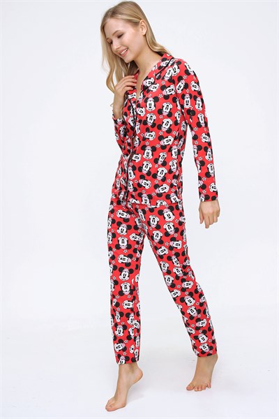 Kadın Kırmızı Mıckey Mouse Baskılı Pamuklu Pijama Takımı