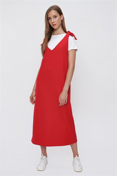 Kadın Kırmızı Omuzdan Bağlamalı Jile Elbise
