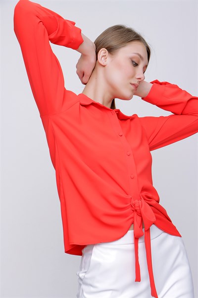 Kadın Kırmızı Ön Bağlamalı Şifon Gömlek