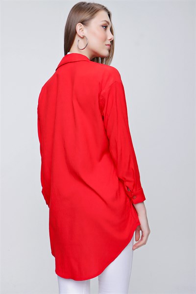 Kadın Kırmızı Önü Taş Süslemeli Gömlek
