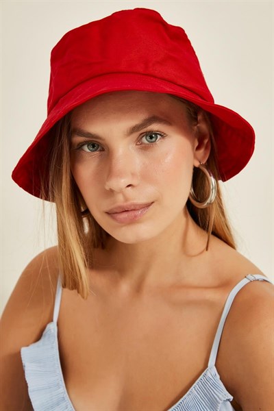 Kadın Kırmızı Sade Bucket Şapka