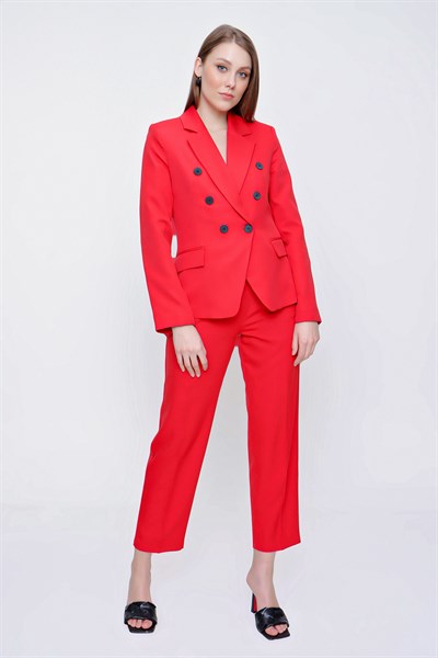 Kadın Kırmızı Ceket Yelek Pantolon Üçlü Takım