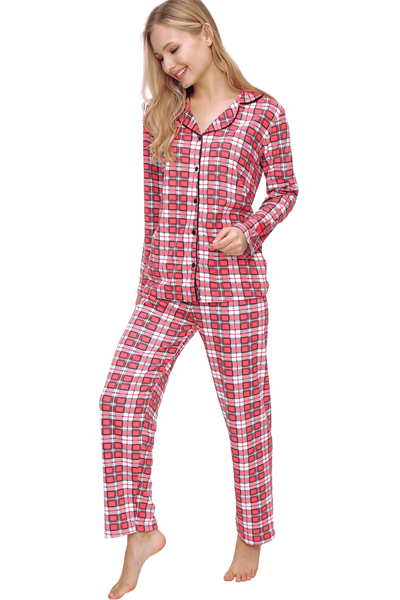 Kadın Kırmızı Yakalı Düğmeli Pamuklu Pijama Takımı