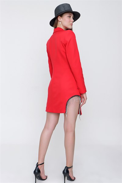 Kadın Kırmızı Yanı Specieal Taş Tasarım Ceket Elbise