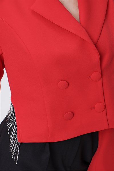 Kadın Kırmızı Zincir Detaylı Kruvaze Kısa Ceket