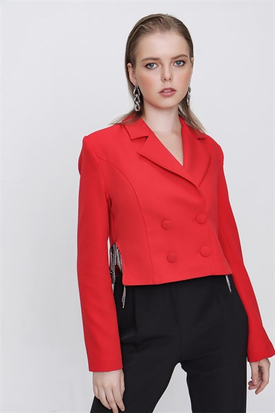 Kadın Kırmızı Zincir Detaylı Kruvaze Kısa Ceket