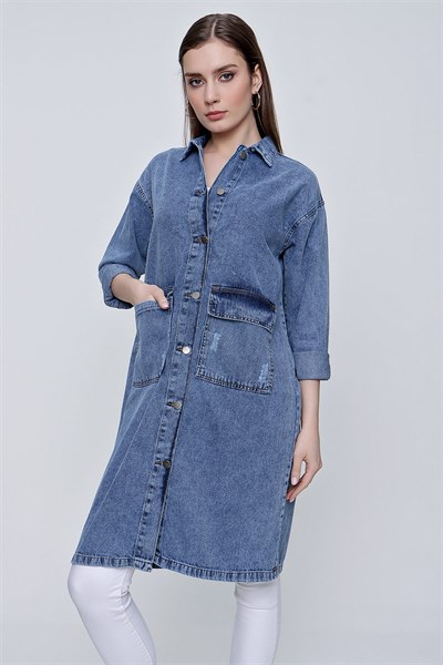 Kadın Koyu Mavi Cepli Kot Ceket Elbise