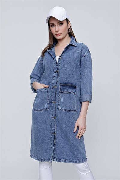 Kadın Koyu Mavi Cepli Kot Ceket Elbise