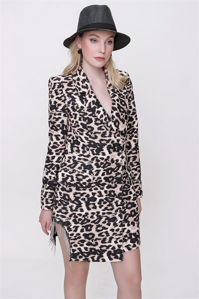 Kadın Leopar Yanı Specieal Taş Tasarım Ceket Elbise