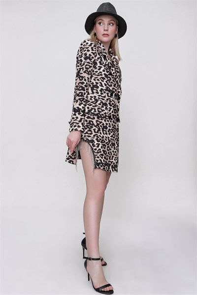 Kadın Leopar Yanı Specieal Taş Tasarım Ceket Elbise
