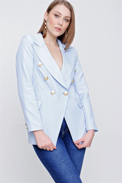 Kadın Mavi Kruvaze Yaka Blazer Ceket