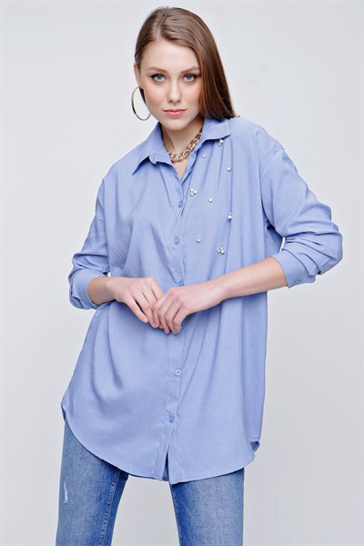 Kadın Mavi Önü Taş Süslemeli Gömlek
