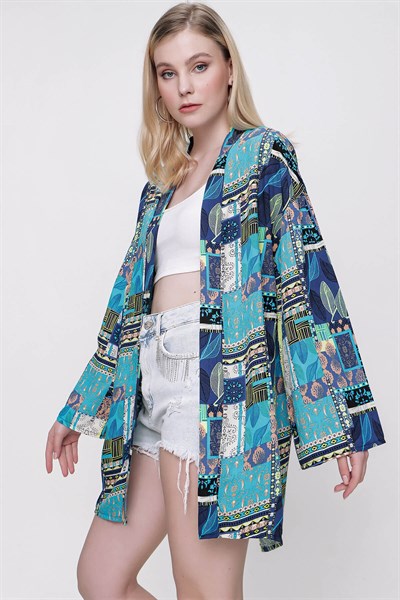 Kadın Mavi-Sarı Desenli Kimono Ceket