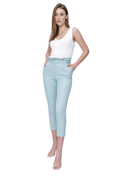 Kadın Mint Çift Pileli Yüksek Bel Pantolon