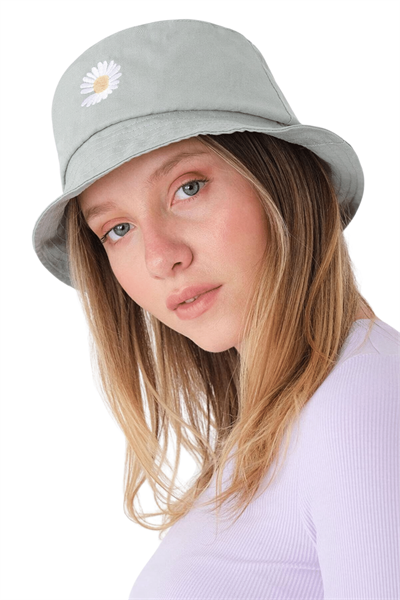 Kadın Mint Papatya Nakışlı Bucket Şapka