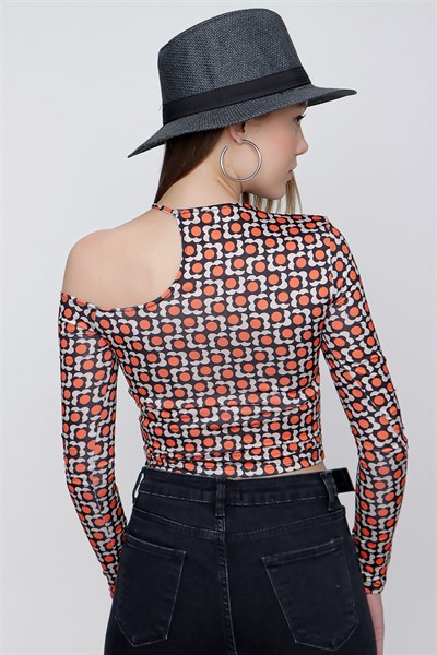 Kadın Orange Desenli Tek Omuz Dekolteli Crop Bluz