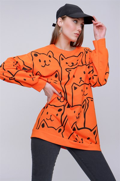 Kadın Orange Kedi Baskılı Tunik