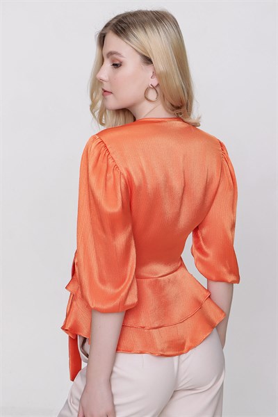 Kadın Orange Kruvaze Yaka Bağlamalı Saten Bluz