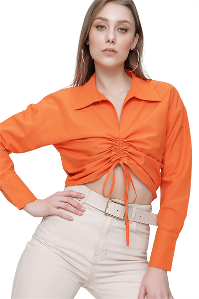 Kadın Orange Önü İp Büzgülü Gömlek Yaka Bluz