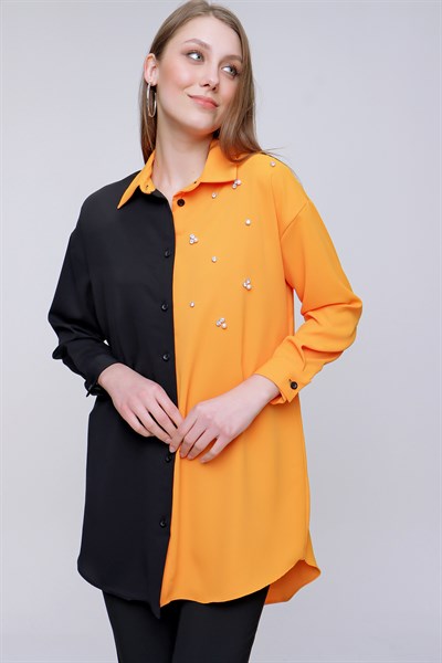 Kadın Orange Önü Taşlı Çift Renk Uzun Gömlek