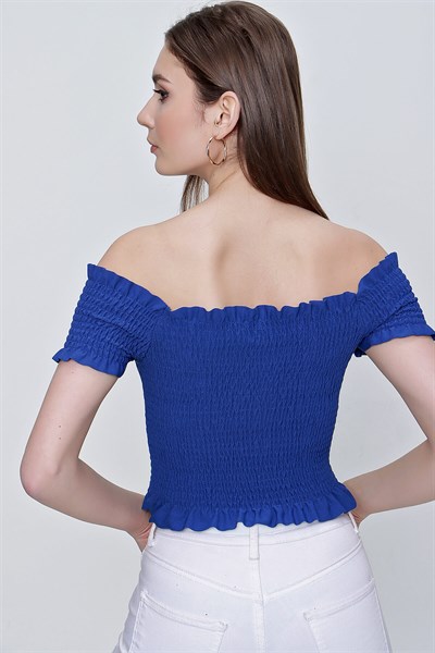 Kadın Saks Mavi Kayık Yaka Gipeli Crop Bluz