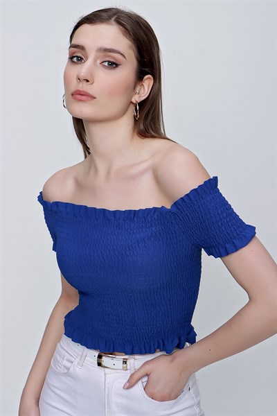 Kadın Saks Mavi Kayık Yaka Gipeli Crop Bluz