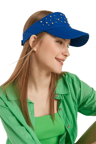 Kadın Saks Mavi Üzeri Taşlı Tenisçi Şapka