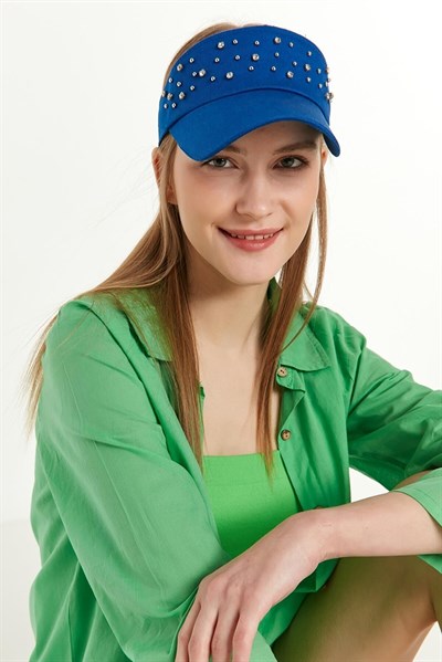 Kadın Saks Mavi Üzeri Taşlı Tanisçi Şapka