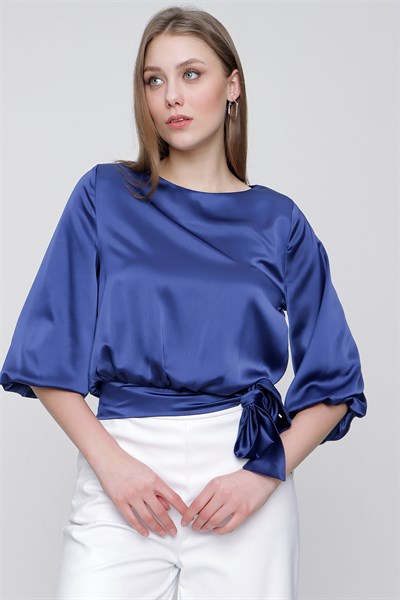 Kadın Saks Mavi Ön Bağlamalı Saten Bluz