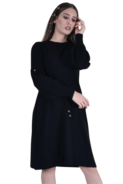 Kadın Siyah Beli Bağcıklı Fitilli Tunik Elbise  