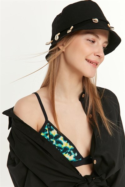 Kadın Siyah Deniz Kabuğu Püsküllü Bucket Şapka