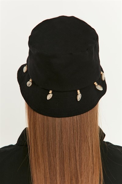 Kadın Siyah Deniz Kabuğu Püsküllü Bucket Şapka