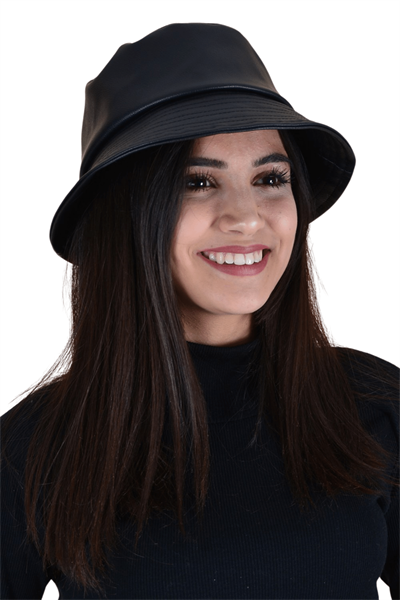 Kadın Siyah Deri Fötür Model Şapka