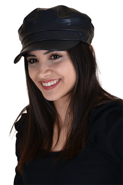 Kadın Siyah Deri Kasket Şapka