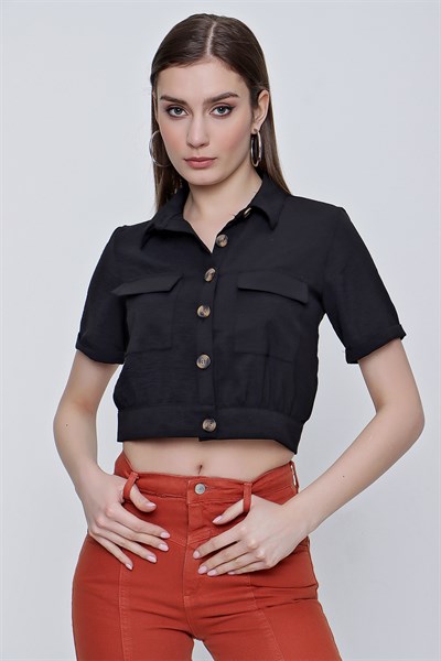 Kadın Siyah Düğmeli Crop Gömlek