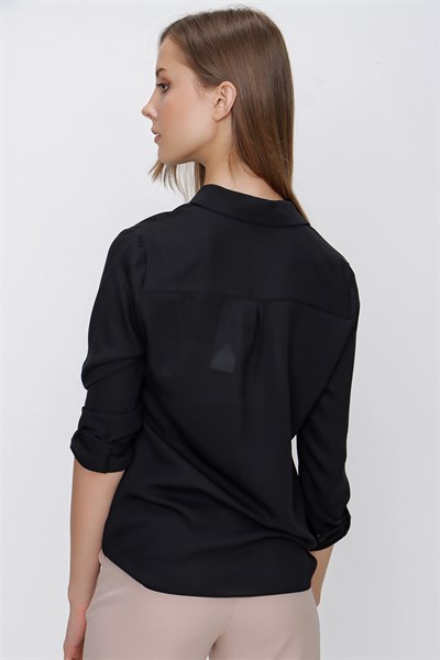 Kadın Siyah Gömlek Yaka Cep Kapaklı Şifon Bluz