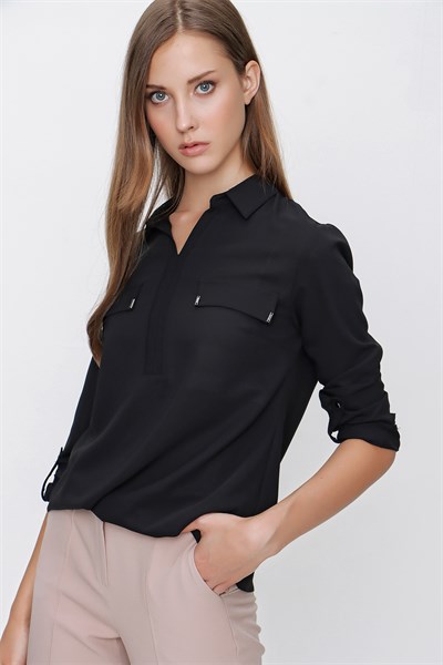 Kadın Siyah Gömlek Yaka Cep Kapaklı Şifon Bluz