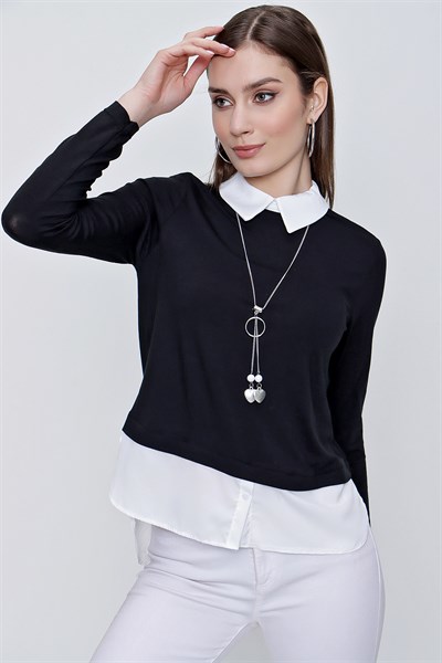 Kadın Siyah Gömlek Yaka Garnili Bluz