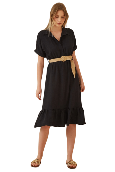 Kadın Siyah Gömlek Yaka Hasır Kemerli Ayrobin Elbise