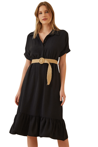 Kadın Siyah Gömlek Yaka Hasır Kemerli Ayrobin Elbise